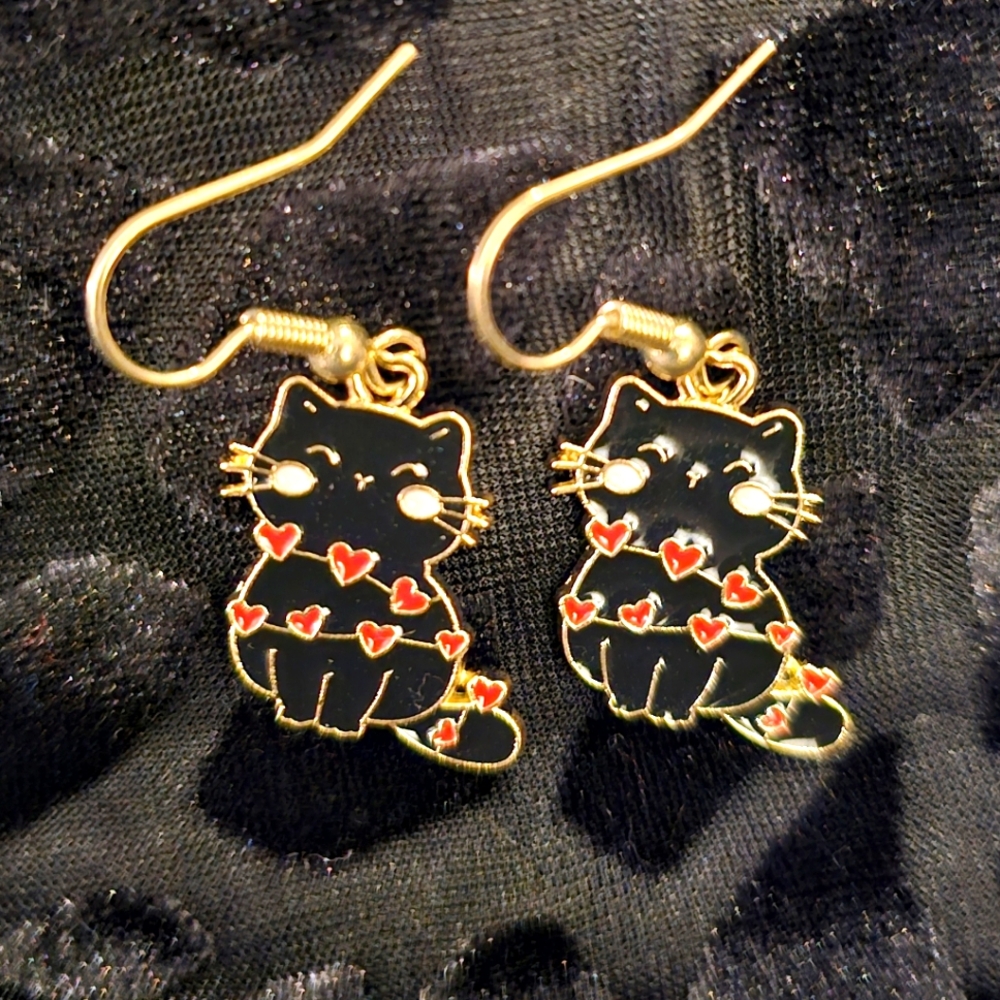 Black Cat Earrings with Red Hearts